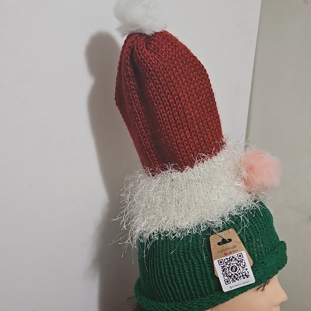 Hand Crafted Kids Festive Red Green Knit  Gnome Hat Faux Fur Beanie Hat Crochet